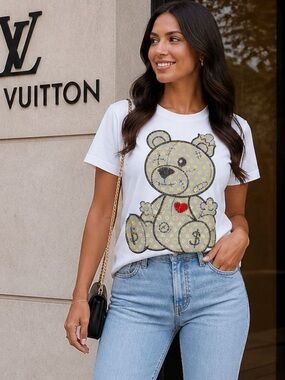 ShopEvelynne White Short Sleeve Tee with Bear Graphic